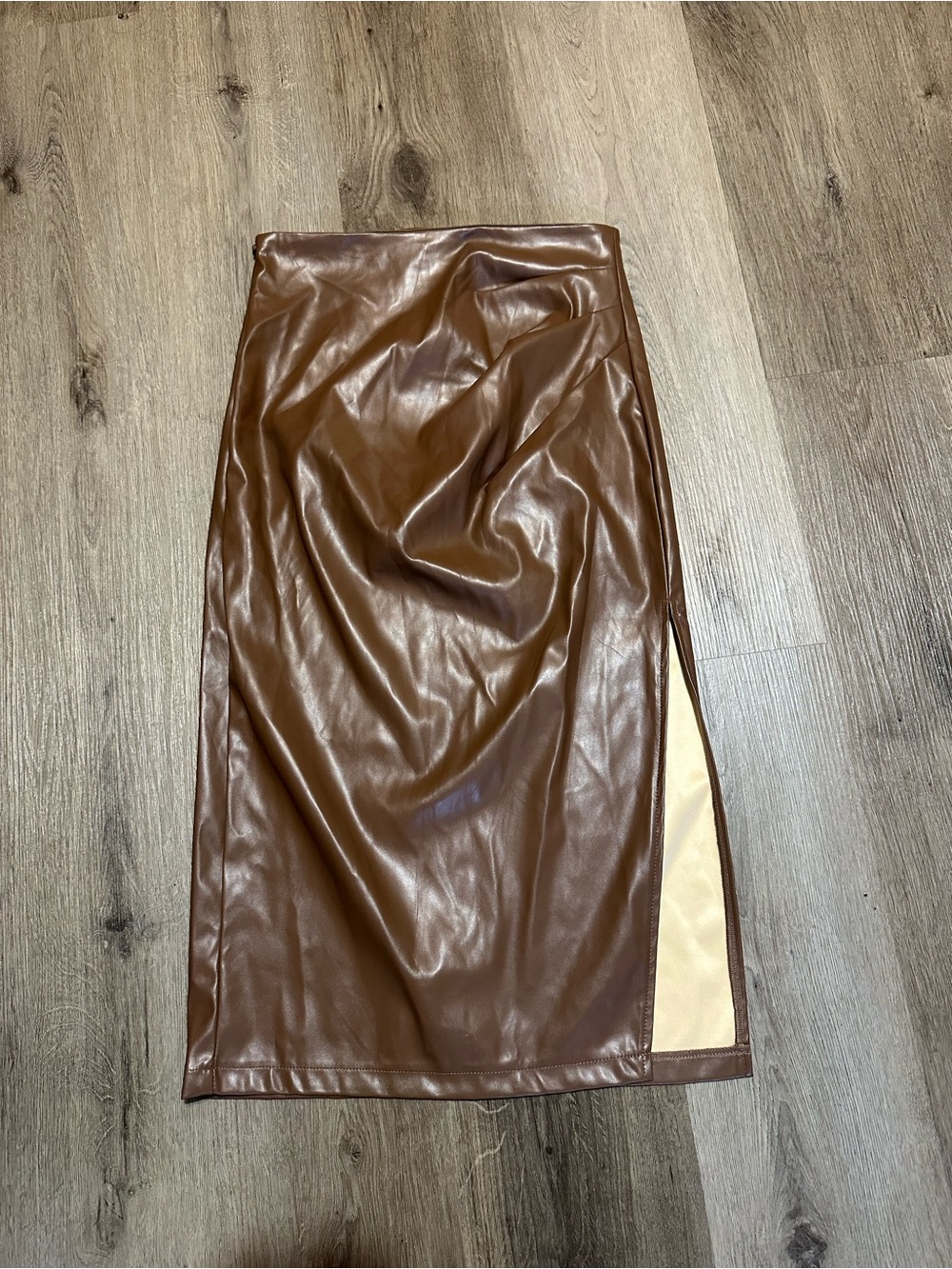 SHEIN Brown Faux Leather Pencil Midi Skirt with Side Slit